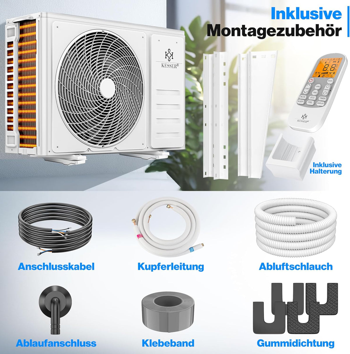KESSER® Klimaanlage Set Split, WiFi/App Funktion Klimagerät, Kühlen A++/Heizen A+, 18000 BTU/h (5.300W) sehr leise, Kältemittel R32, Fernbedienung, Timerfunktion, Montagematerial, Weiß