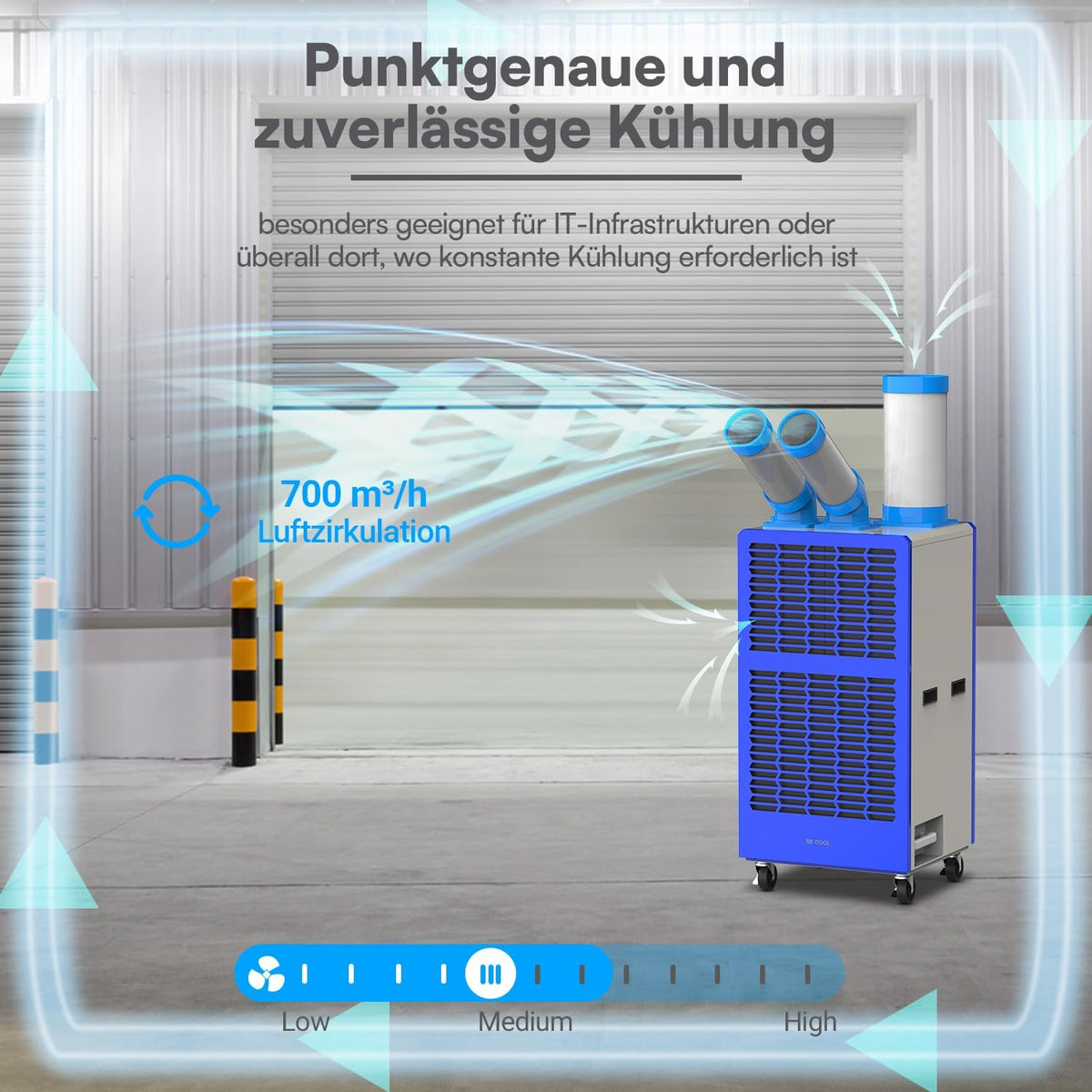 BE COOL Präzisions-Klimaanlage 15.000 BTU BCINPAC15000 | Mobile Klimaanlage mit 4400 W, LCD-Display, 3 Stufen, 24h Timer, R290, für Büro, Serverraum, Gastronomie & Industrie