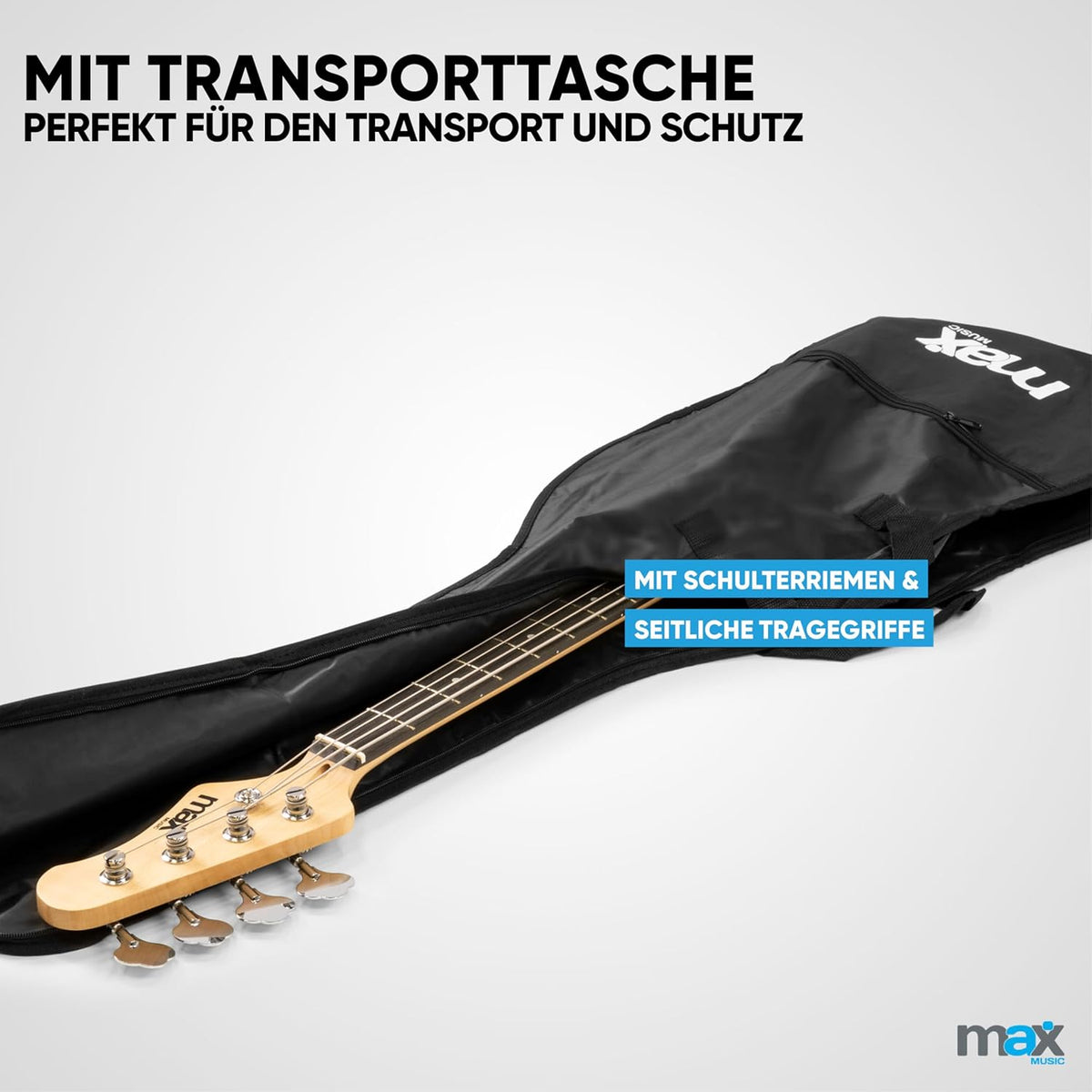 MAX GigKit Bassgitarre Set, E Bass Gitarre, Bass Guitar mit Gitarrenverstärker, Tasche, Stimmgerät, Plektren, Ständer, Gurt, Kabel und Ersatzsaiten - 21 Bünde - Weiß