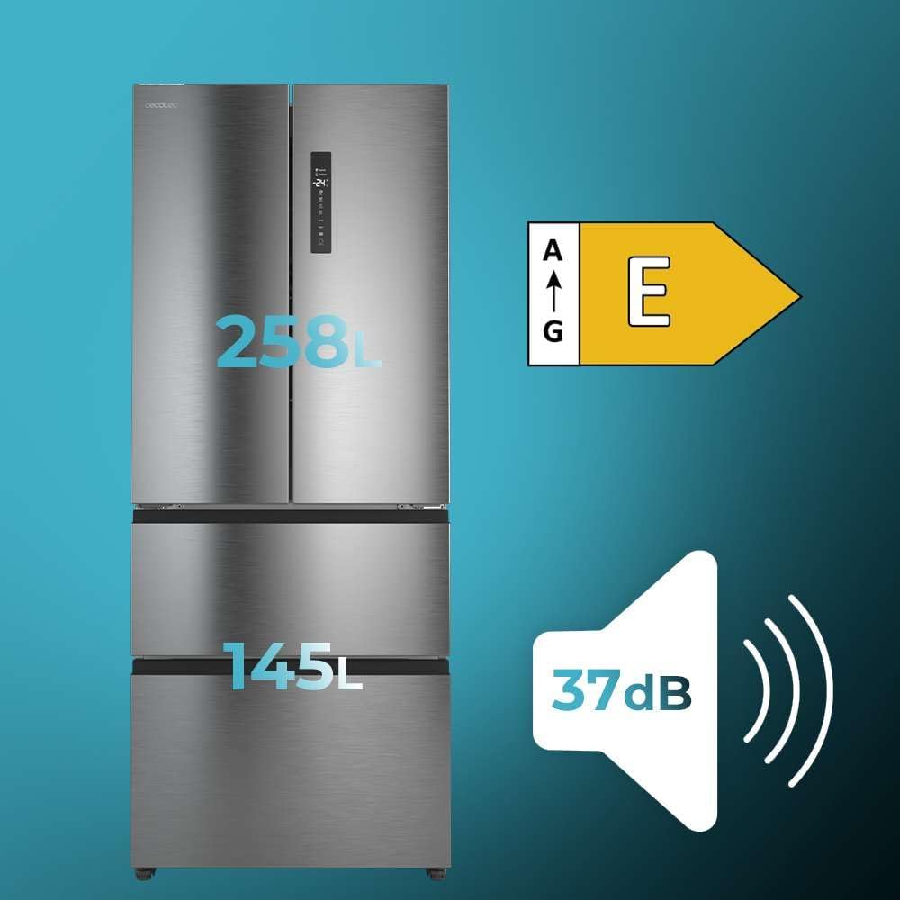 Cecotec Kühlschrank Französische Tür Total No Frost Bolero CoolMarket F2D 403 Inox E, Extra Kapazität Max 403 L, Höhe 170 cm und 70 cm Breite, FreshNessFlexHub Schublade, Inverter-Kompressor