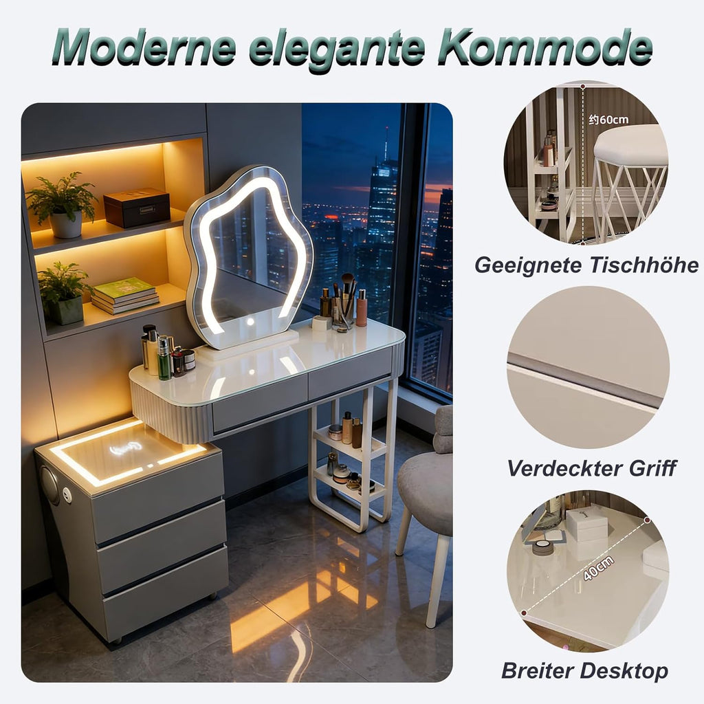 Schminktisch Mit Beleuchtung Und Hocker,Moderner Frisiertisch Mit Kabelloser Aufladung,Bluetooth-Audio,Schminktisch Mit Spiegel,3 Farben,Für Das Schlafzimmer (Graues Schminktisch-Set)