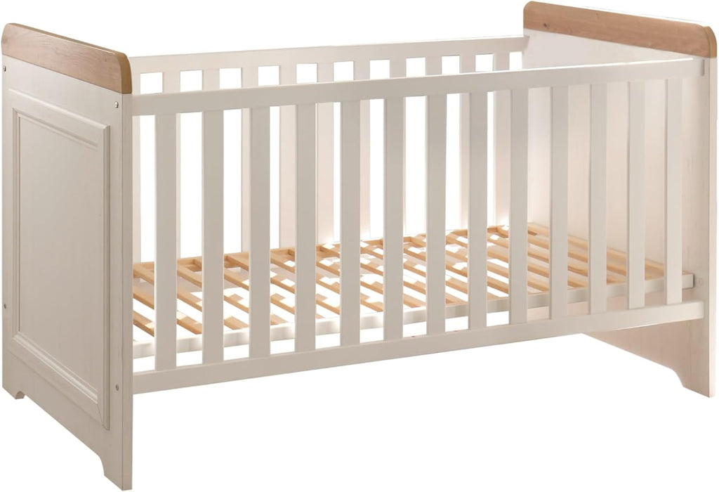 Babyzimmer Jasmin 5 teilig in Anderson Pine mit Absetzungen in Artisan Eiche - Kinderzimmer Komplett Set mit Kleiderschrank, Babybett, Wickelkommode mit 2 Seitenregalen, Standregal, Wandboard