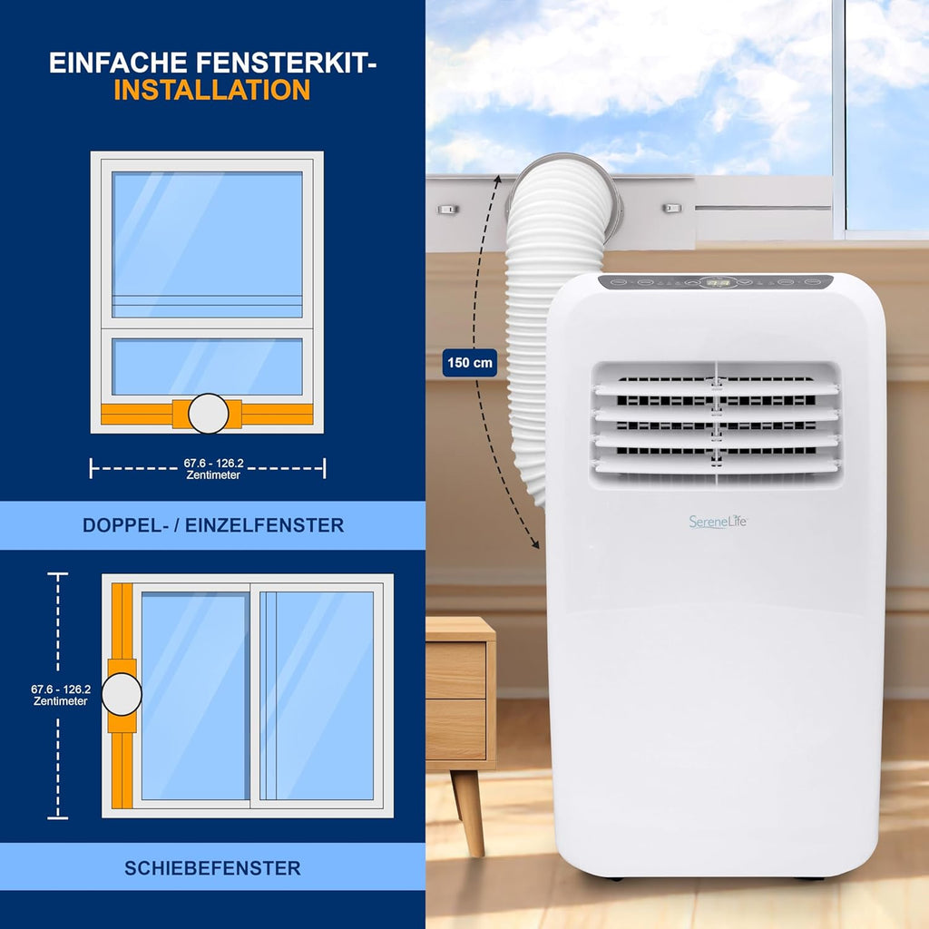 SereneLife Mini Klimaanlage mobil, 3-in-1 mobiles Klimagerät mit Abluftschlauch – Luftkühler, Luftentfeuchter & Ventilator, Air conditioner – 9.000 BTU, 1,5L Feuchtigkeit/Stunde, kühlt Räume bis 42 m2