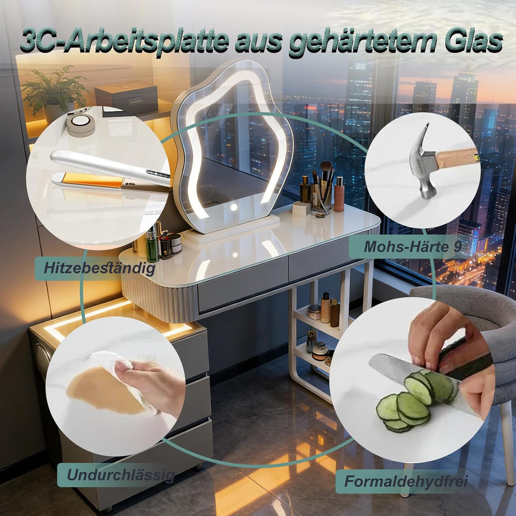 Schminktisch Mit Beleuchtung Und Hocker,Moderner Frisiertisch Mit Kabelloser Aufladung,Bluetooth-Audio,Schminktisch Mit Spiegel,3 Farben,Für Das Schlafzimmer (Graues Schminktisch-Set)
