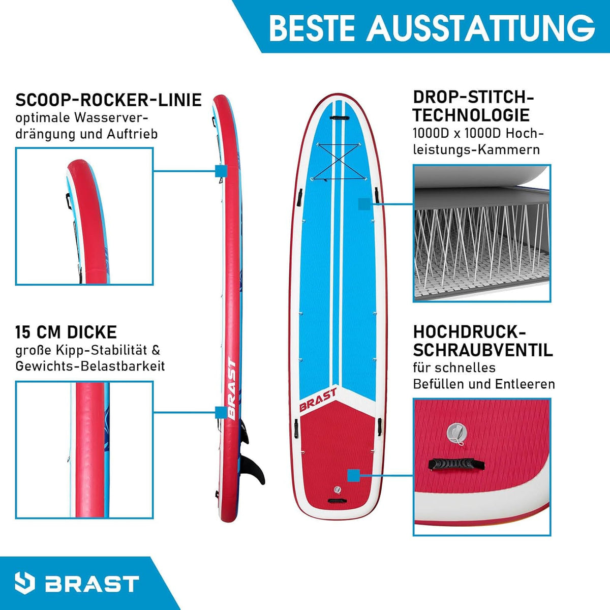 BRAST SUP Board Family | Aufblasbares Stand up Paddle Set XXL | 370x87x15cm bis 210kg | 7 Designs | inkl. Zubehör 2X Kajak-Sitz 2X Fußschlaufe 2X Paddel Pumpe Rucksack