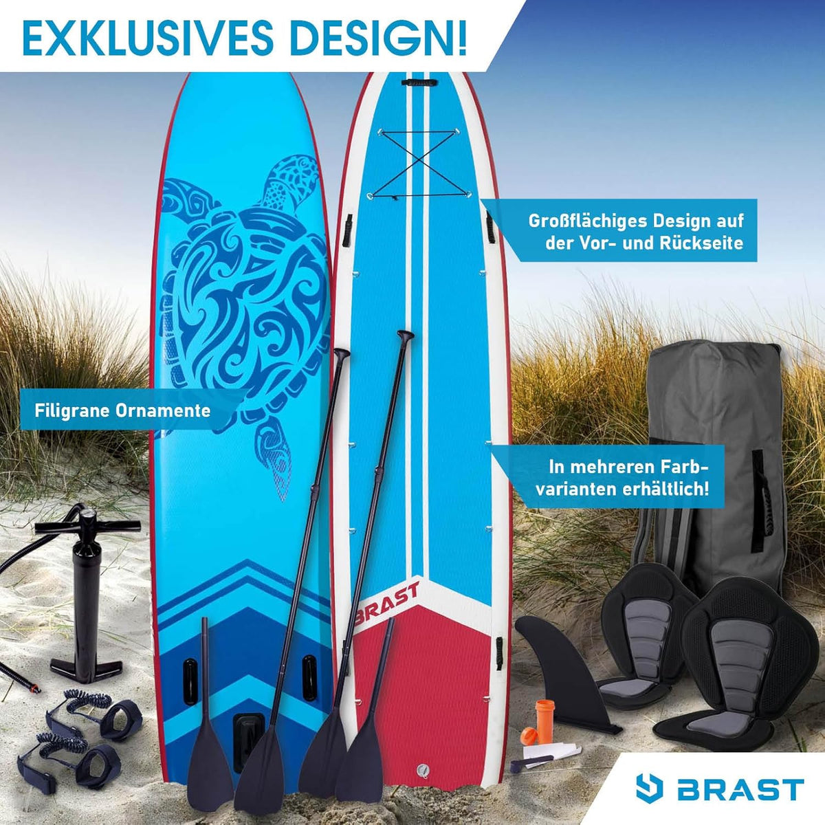 BRAST SUP Board Family | Aufblasbares Stand up Paddle Set XXL | 370x87x15cm bis 210kg | 7 Designs | inkl. Zubehör 2X Kajak-Sitz 2X Fußschlaufe 2X Paddel Pumpe Rucksack