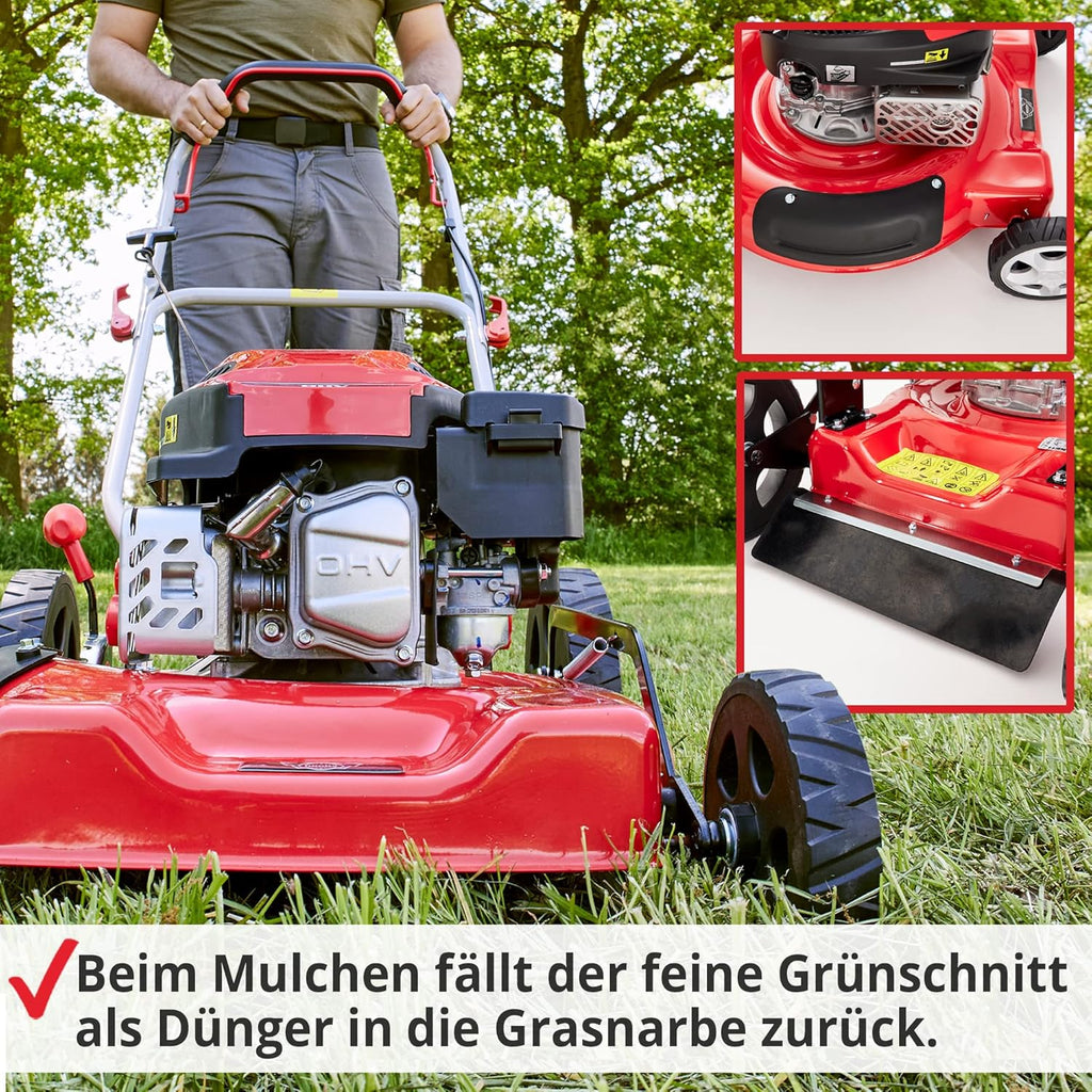 HECHT Benzin Mulchrasenmäher – Benzinrasenmäher mit Mulchfunktion und Seitenauswurf – 51 cm Schnittbreite – HECHT 4 Takt Motor – ohne Fangkorb – Mulchen mit dem Rasenmäher Profi