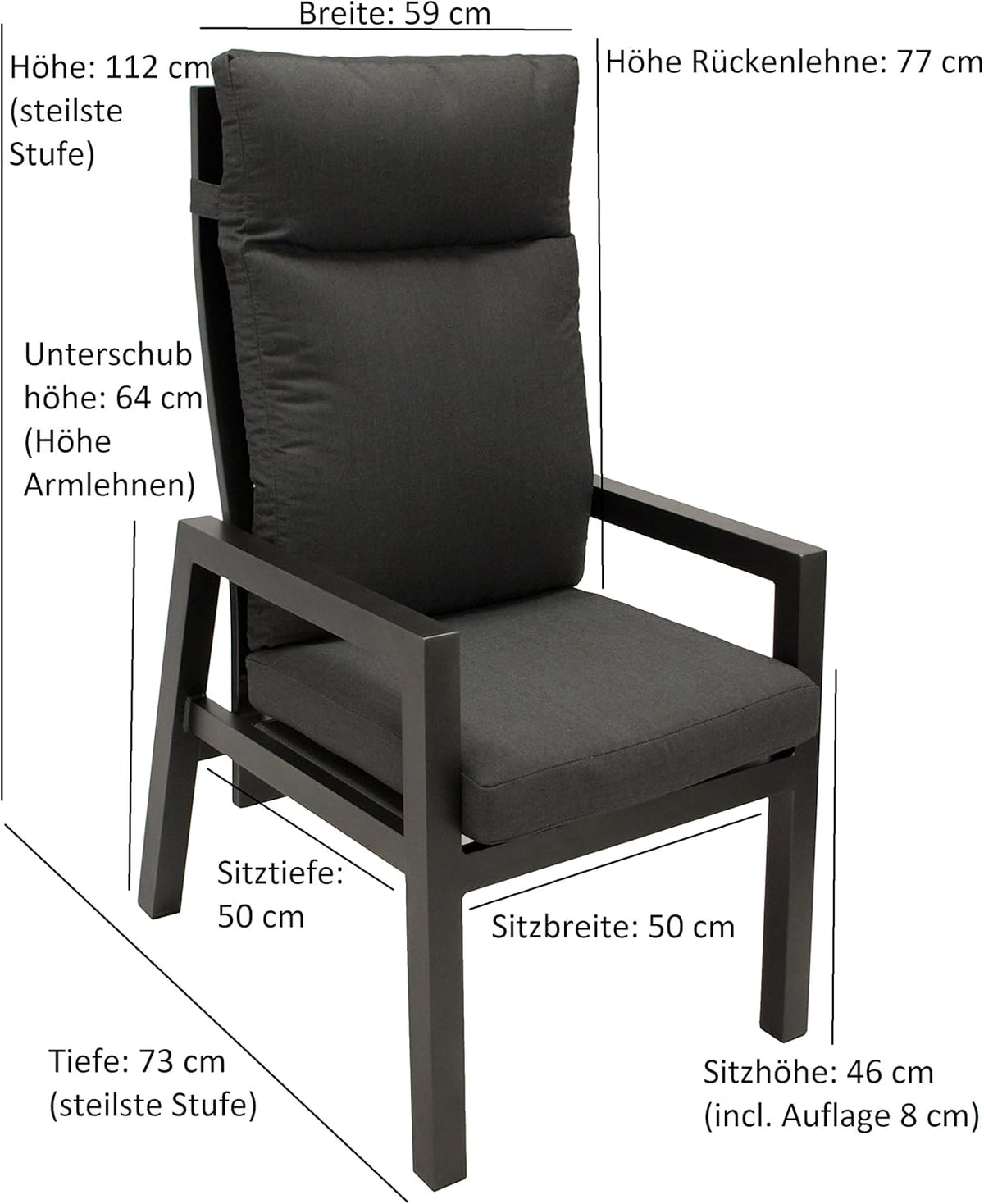DEGAMO 2X Hochlehner Gartensessel MANCIANO, Aluminium rostfrei anthrazit, mit Polstern dunkelgrau, Rückenteil stufenlos verstellbar mit Gasfeder