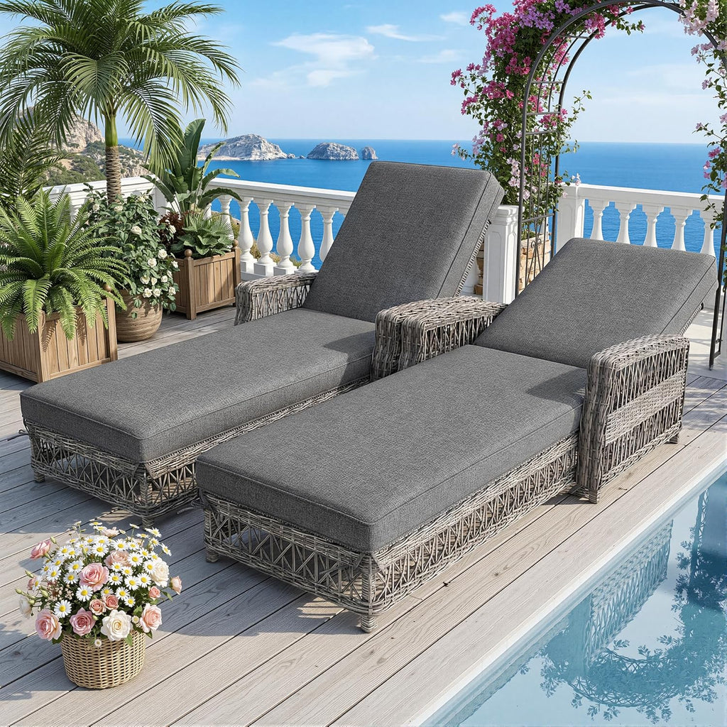 Ball & Cast Gartenliege 2 Personen aus Rattan, Liege mit 4-Fach Verstellbarer Rückenlehne und Bequemer Auflage, 2er Set, 192 x 70 x 83 cm, Grau