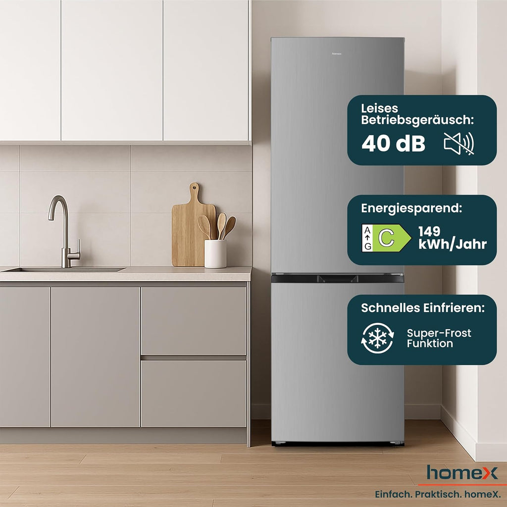 homeX Kühlschrank mit Gefrierfach, Kühl-Gefrier-Kombination freistehend, groß - 315 Liter, 4-Sterne Gefrieren, Super-Frost-Funktion, leise, EEK C, XXL Kühl Gefrierkombination silber, CFS3151C-S