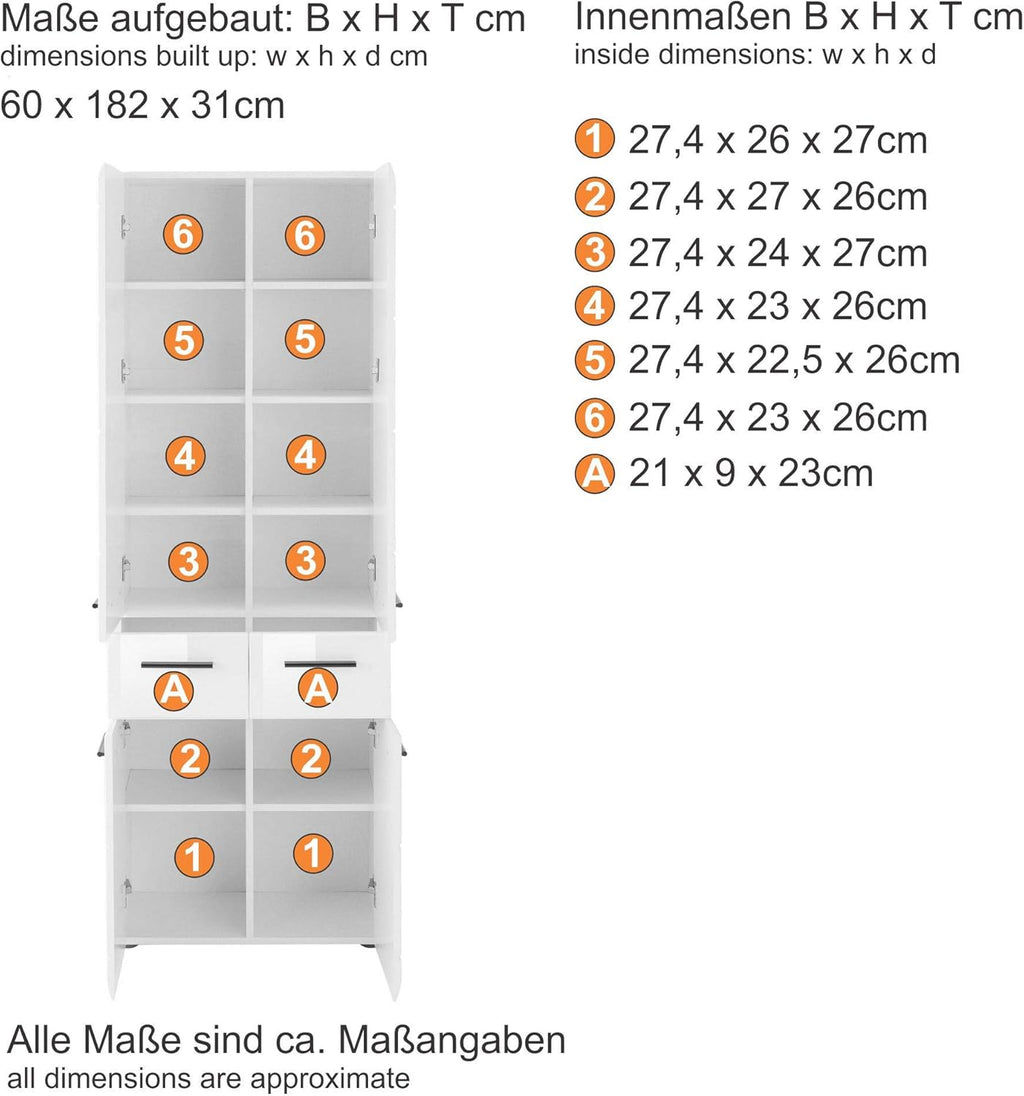 trendteam smart living - Skin - Hochschrank - Weiß/Weiß Hochglanz - Badschrank 12 Fächer und 2 Schubladen - (BxHxT) 30 x 182 x 31 cm - Schwarze Griffe - Kratzfest