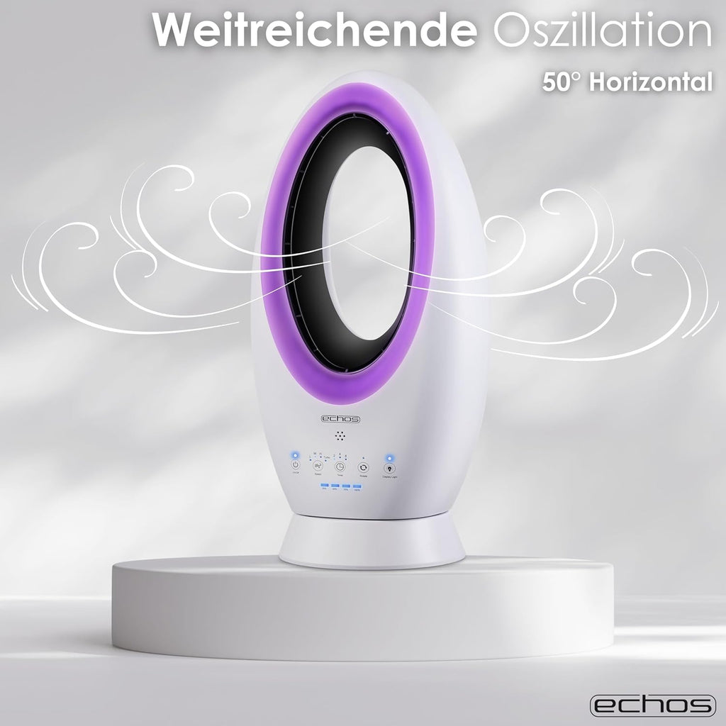 Echos®- 2-in-1 Design Akku Turmventilator Standventilator mit Fernbedienung kabellos - Akku- oder Strombetrieb - Leiser Ventilator Tischventilator oszillierend - Fernbedienung LED Beleuchtung