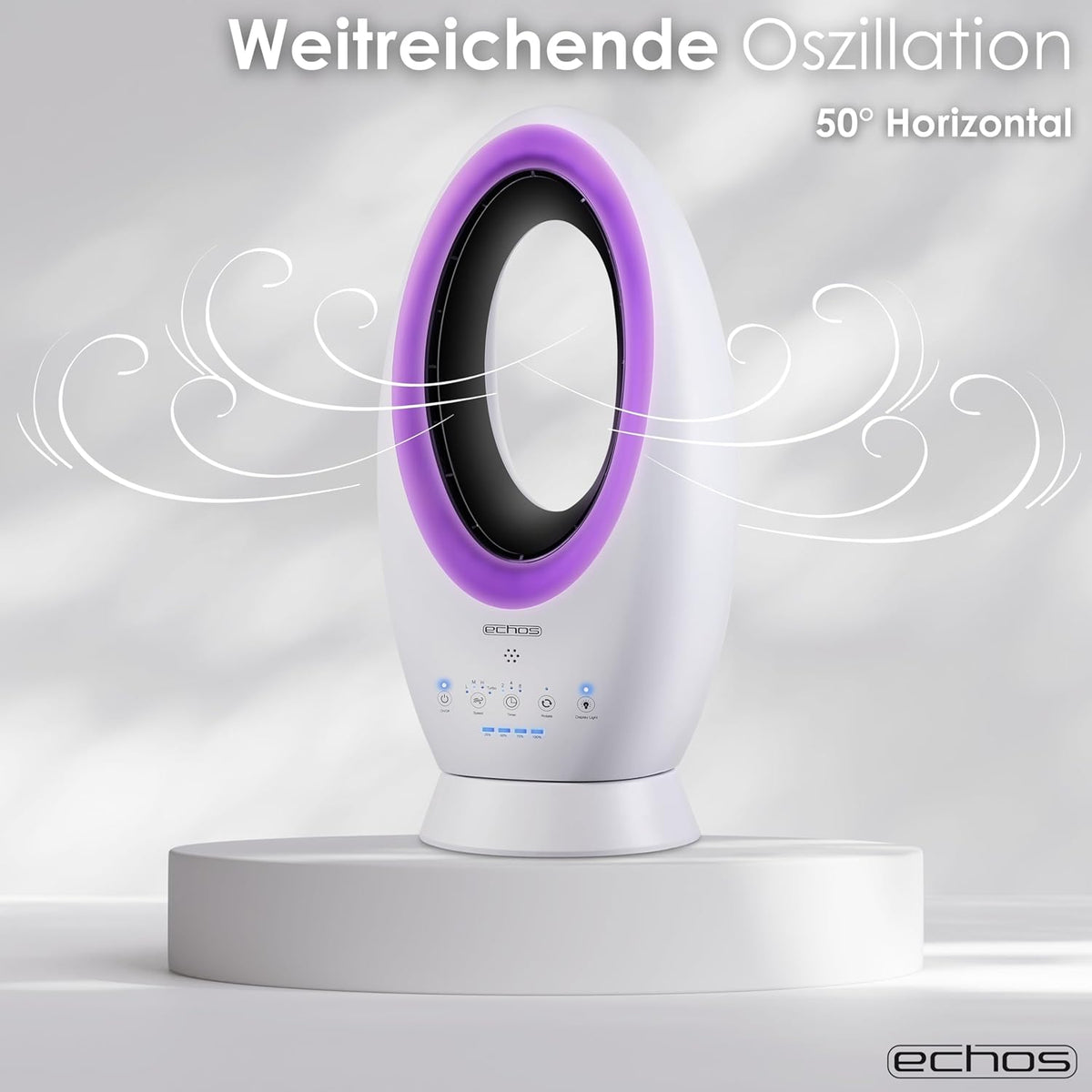 Echos®- 2-in-1 Design Akku Turmventilator Standventilator mit Fernbedienung kabellos - Akku- oder Strombetrieb - Leiser Ventilator Tischventilator oszillierend - Fernbedienung LED Beleuchtung