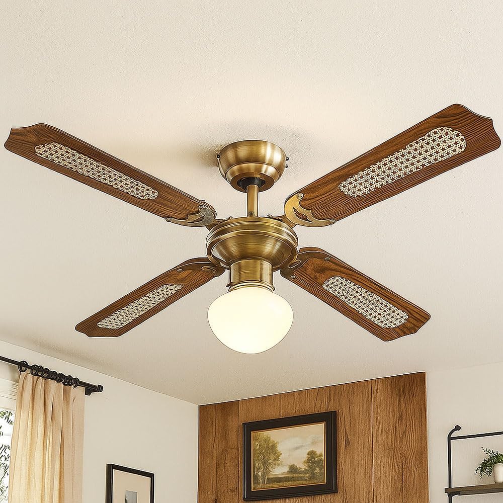 LED Deckenventilator mit Zugschalter Ventilatorlampe Decke 3 Stufen Ventilator Deckenleuchte, Vor-Rücklauf, Eiche Geflecht Glas Altmessing, 1x LED 9W 810Lm, D 106,6 cm