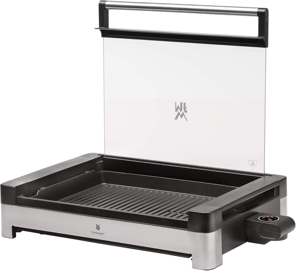 WMF Lono Tischgrill elektrisch mit Glasdeckel, beschichtete Grillplatte, herausnehmbare Auffangschale, spülmaschinenfest, Edelstahl matt, 2200 Watt