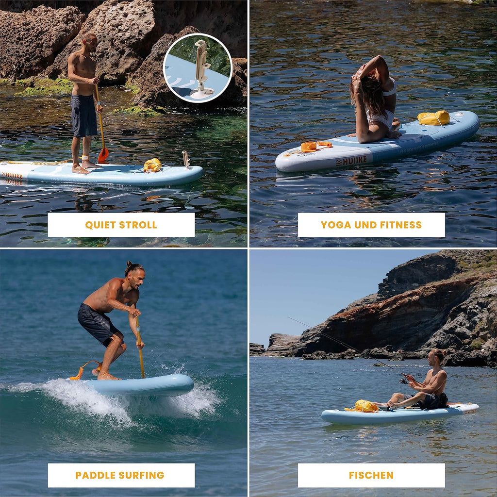 HUIIKE Stand Up Paddling Board mit Zubehör, Paddel, Finnen, Leash, Pumpe, Rucksack. SUP-Board Aufblasbar Hoher Stabilität und Widerstandsfähigkeit. Zum Kajak Umbaubar 305-365 cm, trägt 130-170 kg