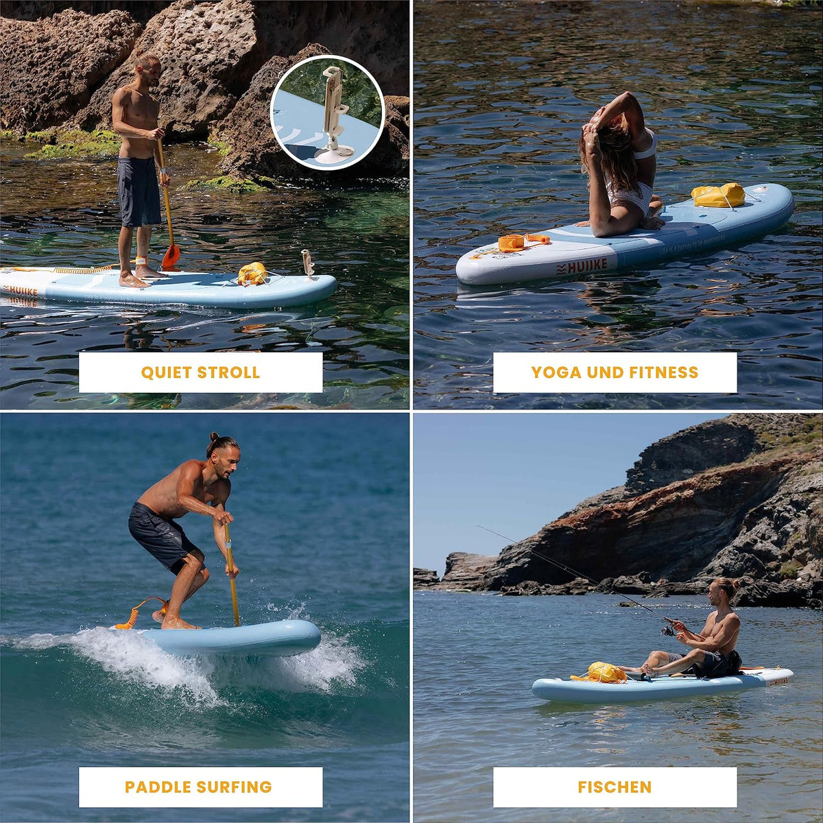 HUIIKE Stand Up Paddling Board mit Zubehör, Paddel, Finnen, Leash, Pumpe, Rucksack. SUP-Board Aufblasbar Hoher Stabilität und Widerstandsfähigkeit. Zum Kajak Umbaubar 305-365 cm, trägt 130-170 kg