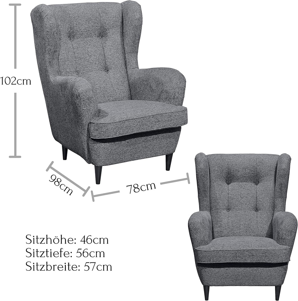 OSKAR Ohrensessel mit geknöpfter Polsterung, Anthrazit - Vintage Wohnzimmer Sessel mit Massivholz Füßen - 78 x 102 x 98 cm (B/H/T)