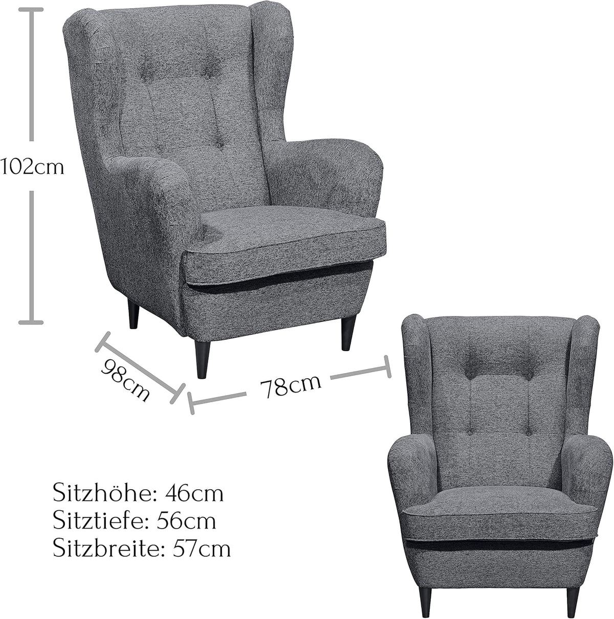 OSKAR Ohrensessel mit geknöpfter Polsterung, Anthrazit - Vintage Wohnzimmer Sessel mit Massivholz Füßen - 78 x 102 x 98 cm (B/H/T)