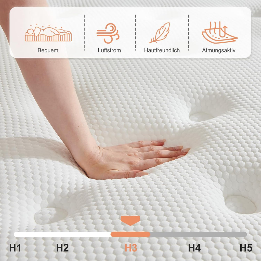 Matratze 140x200 cm, Taschenfederkernmatratze Härtegrad H3 mittelfest, 7 Zonen Matratzen mit hochwertigem Komfortschaum, Rückenentlastende, Rollmatratze Höhe 22cm