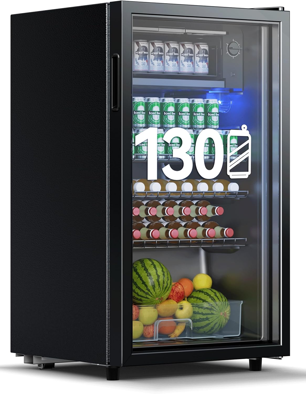 Devoko 93L Getränkekühlschrank für bis zu 130 Dosen, mit Glastür und LED-Innenbeleuchtung. Inklusive höhenverstellbarer Regale für Cola, Bier und Wein. Ideal für Haushalt und Büro in Schwarz.