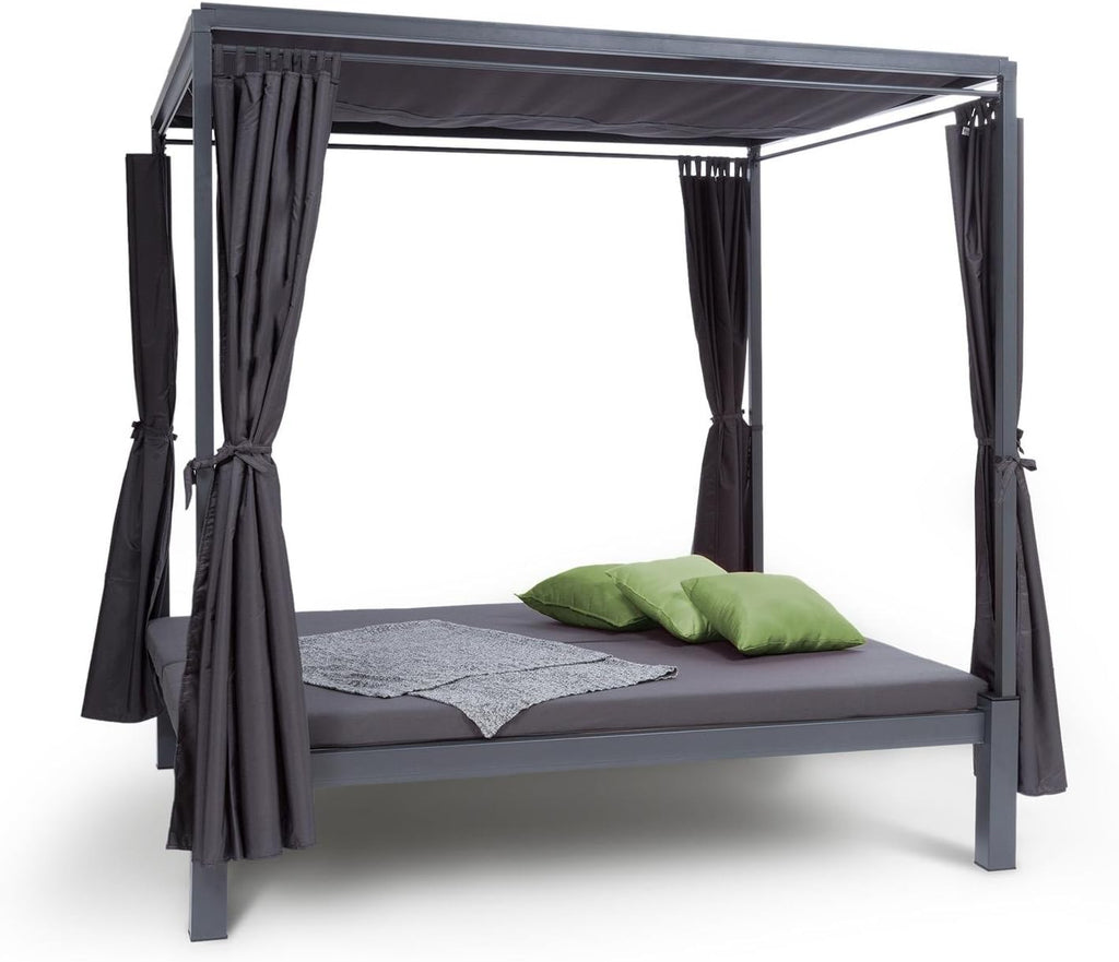 blumfeldt Senator Lounge - Doppel-Gartenliege mit Sonnendach, Lounge-Pavillon, 188 x 208 x 205 cm, komfortable Polsterung, Sichtschutz-Vorhänge, wasserfest, Stahlrahmen, max. 350 kg, grau