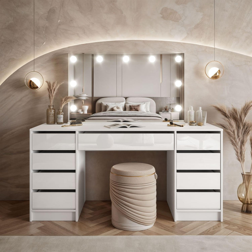 Lookway Schminktisch MADA Elite II mit LED-Spiegel - Eleganter Kaschmir oder Weiß Hochglanz, Wandmontage, Geräumige Schubladen (Weiß/Weiß Hochglanz)
