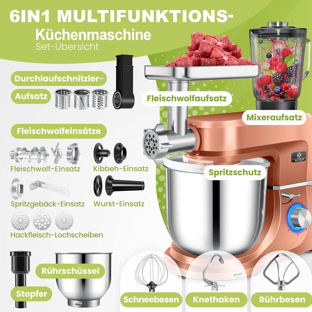 KESSER® Küchenmaschine 3in1 mit Fleischwolf & Mixer, 1500W Knetmaschine 5,5L Rührschüssel + Spritzschutz, 6 Geschwindigkeiten, Knethaken, Schneebesen, Rührhaken & Raspeln, Backen & Kochen, Kupfer