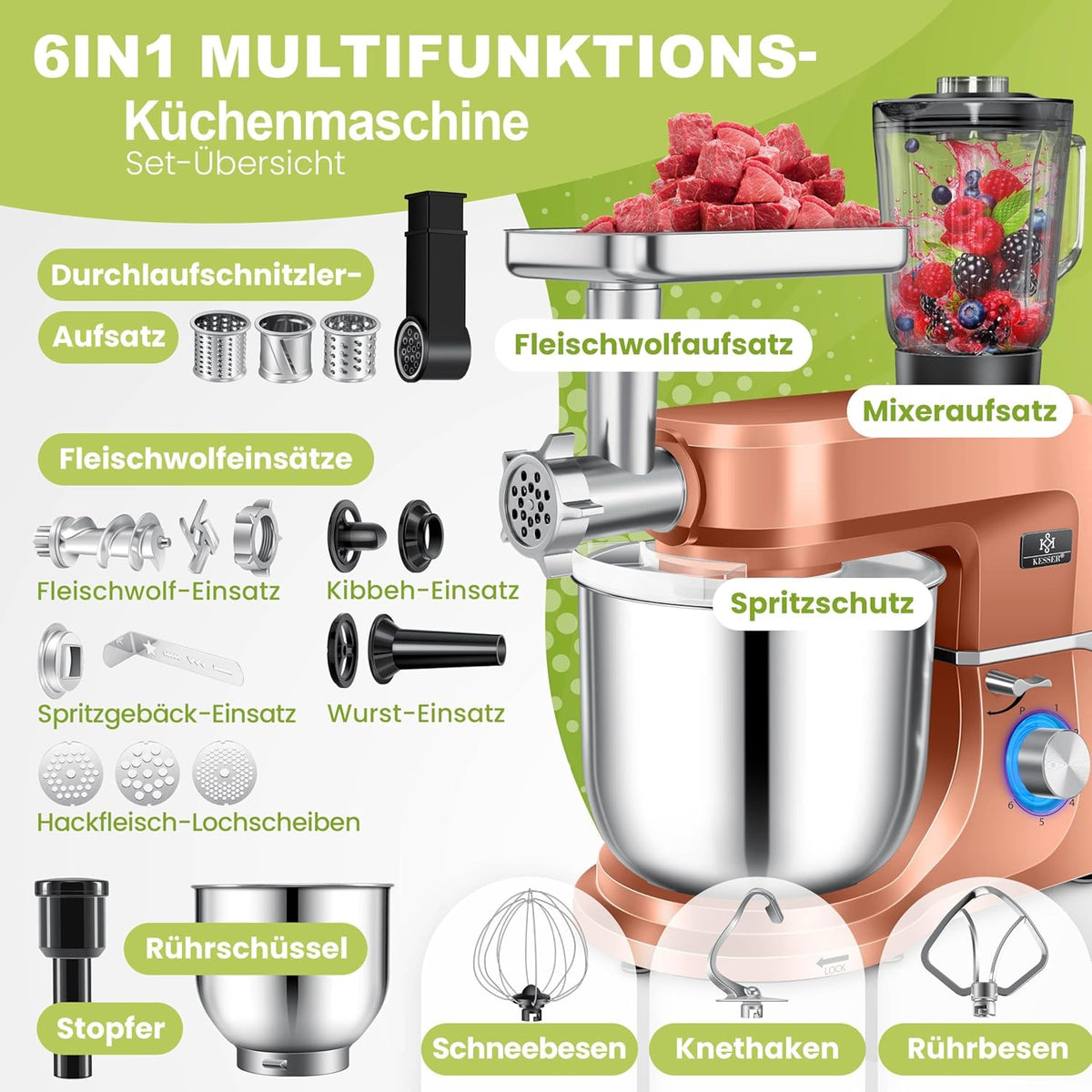 KESSER® Küchenmaschine 3in1 mit Fleischwolf & Mixer, 1500W Knetmaschine 5,5L Rührschüssel + Spritzschutz, 6 Geschwindigkeiten, Knethaken, Schneebesen, Rührhaken & Raspeln, Backen & Kochen, Kupfer