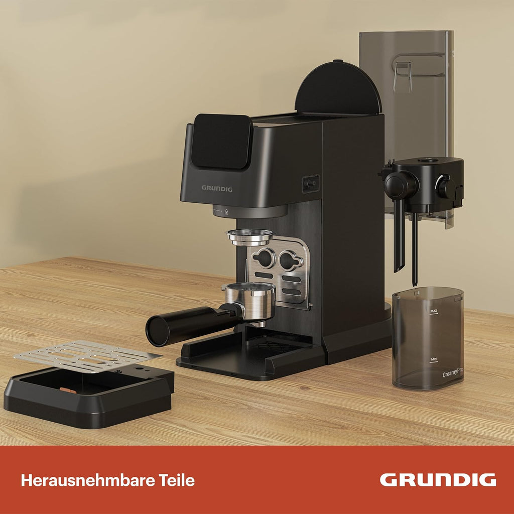 GRUNDIG KSM 5330 Siebträgermaschine mit integriertem Milchbehälter, 1628 W Leistung, 15 bar Pumpendruck, Zweifachdüse, farbiges Touch-Display, BrewSense, CreamyPro, Dark Inox/Schwarz