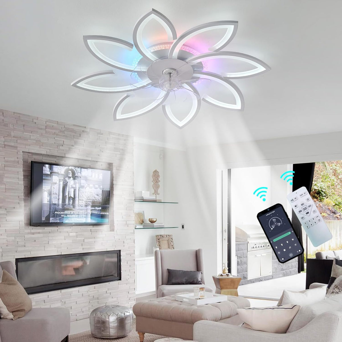 87CM Weißer Blumen-Deckenventilator Mit Licht, Dimmbar RGB Farbwechselndes Modern Fan Lampe Mit Ventilator Mit Fernbedienung/APP DC Motor 6 Geschwindigkeit Für Schlafzimmer Wohnzimmer
