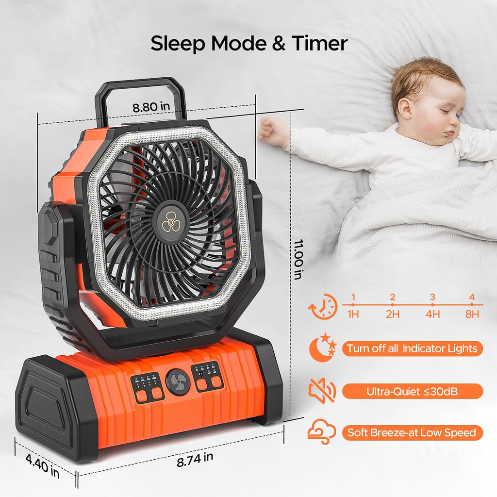 Wiederaufladbarer Camping-Ventilator mit LED-Laterne, 20.000 mAh, automatisch oszillierend, batteriebetrieben, Schreibtischventilator mit Fernbedienung/Haken/Timer, 20.3 cm, Stromausfälle, Hurricane