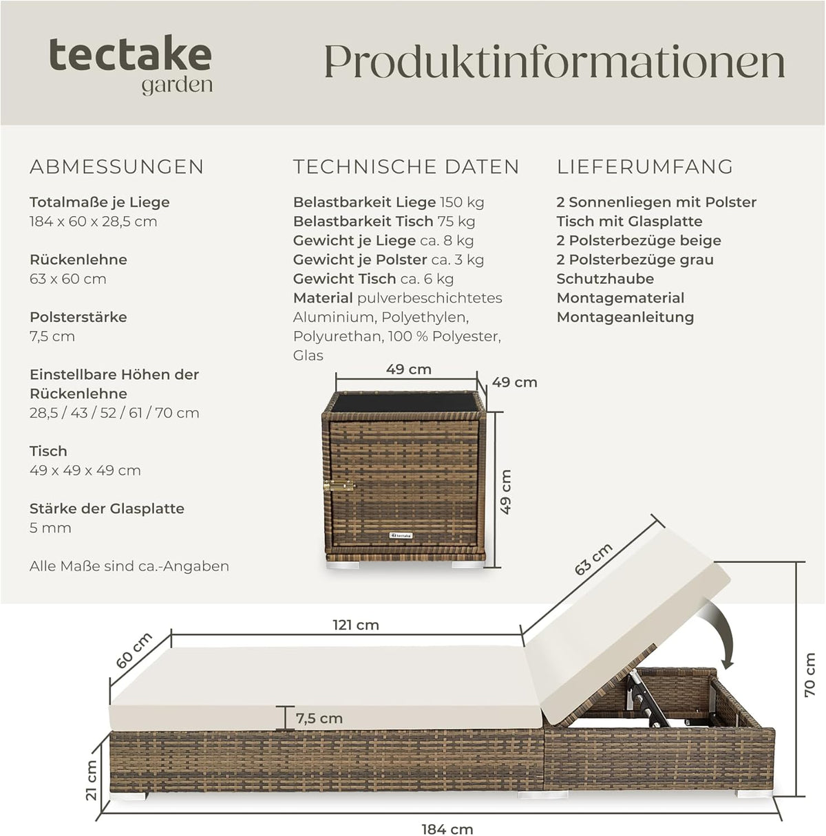 tectake® 2er Lounge Sonnenliegen Set Plus Tisch – inkl. 2 Bezugsets und Schutzhülle, Outdoor Poly Rattan Gartenmöbel Set, 2er Set - Natur