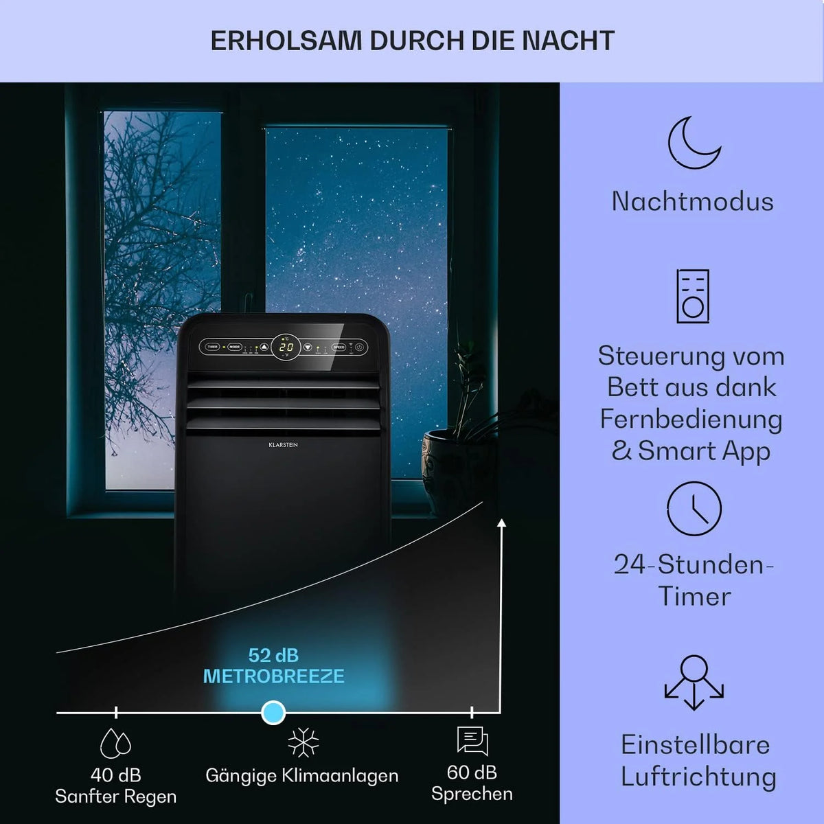 Klarstein Mobile Klimaanlage mit Abluftschlauch, 4-in-1 Klimagerät mit Ventilator, Luftentfeuchter & Nachtmodus, Kleine & Portable Klimaanlage für Wohnung & Büro, Niedriger Verbrauch, 9000 BTU