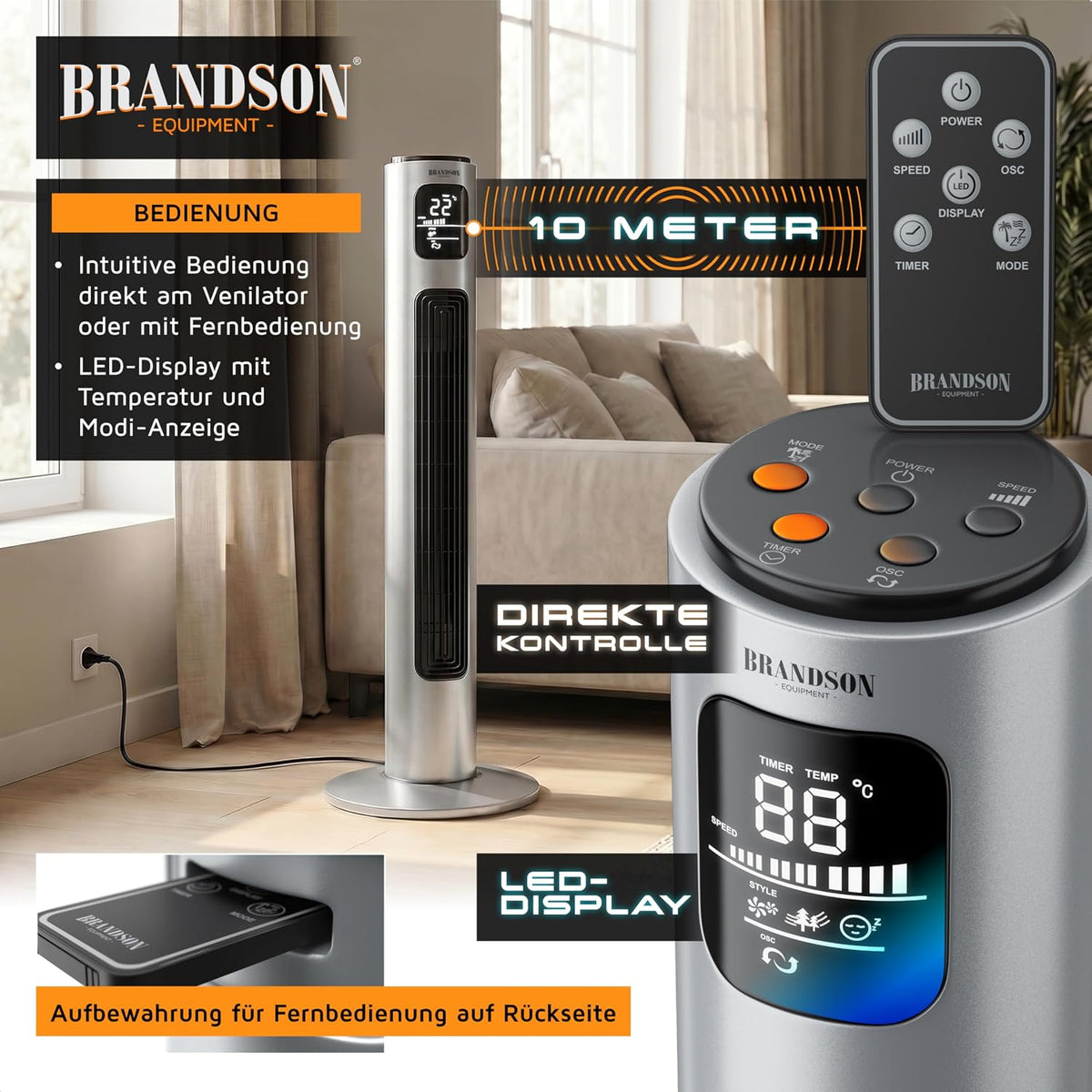 Brandson - Turmventilator mit Fernbedienung 96 cm - Preisträger 2026 - mobiler Lüfter leise - Standventilator Oszilation - 3 Geschwindigkeiten 3 Modi Timer - Ventilator mit GS - Steelsilver