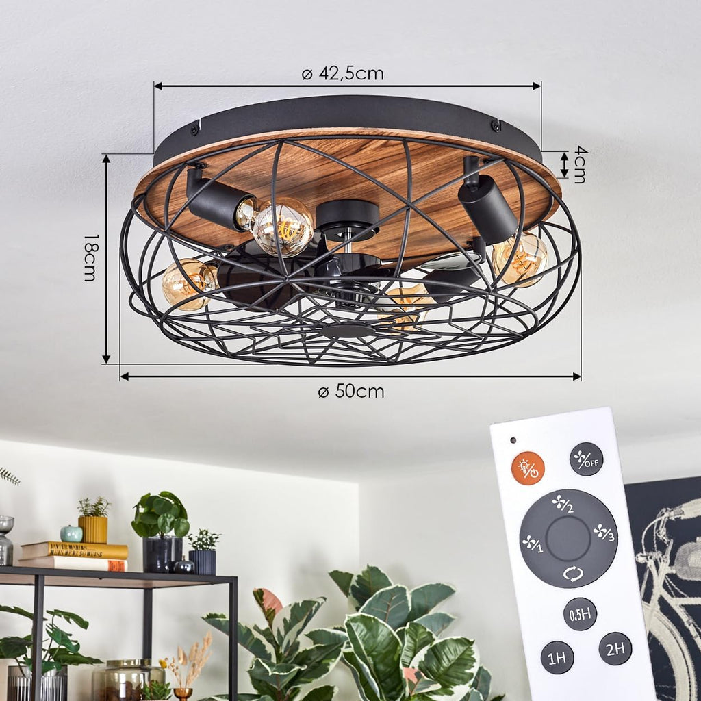 LED Deckenventilator Tourais, Ventilator aus Metall/MDF in Schwarz/Holzoptik, Deckenleuchte im Retro/Vintage-Design in Gitter-Optik, Lichteffekt u. Fernbedienung, Wohnzimmer, Schlafzimmer, Esszimmer