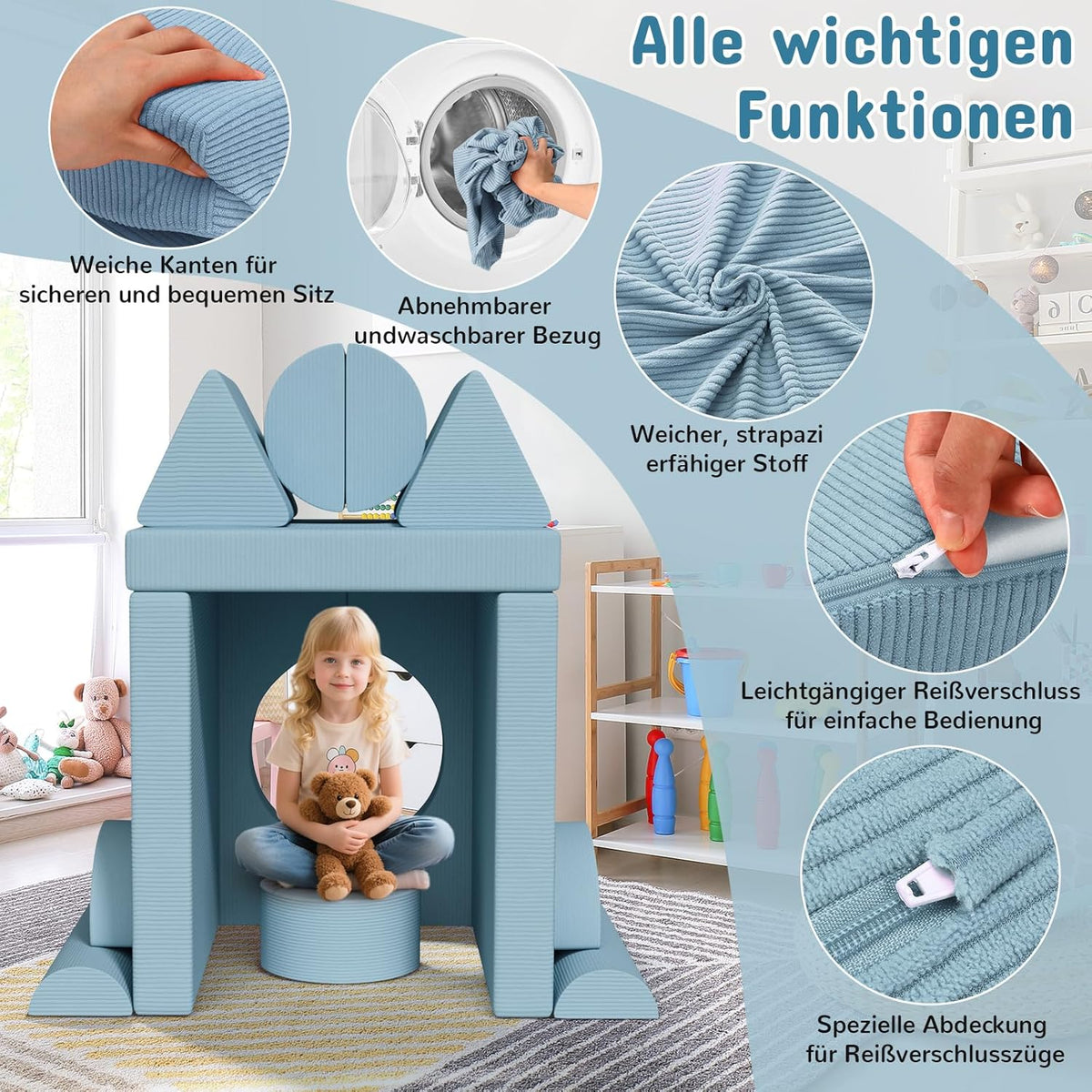 MAMIZO Spielsofa Cord, Kindersofa-Bausteine, 15-Teiliges Modulare Kinderspielcouch, Spielsofa für Kinder, Kindercouch Aufklappen Oeko-TEX, kreatives Spielen für Kuschelecke im Kinderzimmer (Blau)