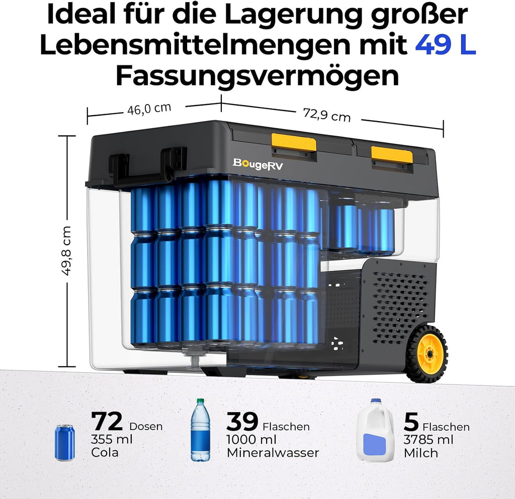 BougeRV CRD2 V2.0 Kompressor Kühlbox 49L mit Gefrierfach Doppeltür Dualzonen Kühlbox Auto mit Rollen & Griff 12V/24V 230V Camping Kühlschrank Elektrische mit APP Steuerung, IPX4, -20℃~20℃ (2026 Neu)