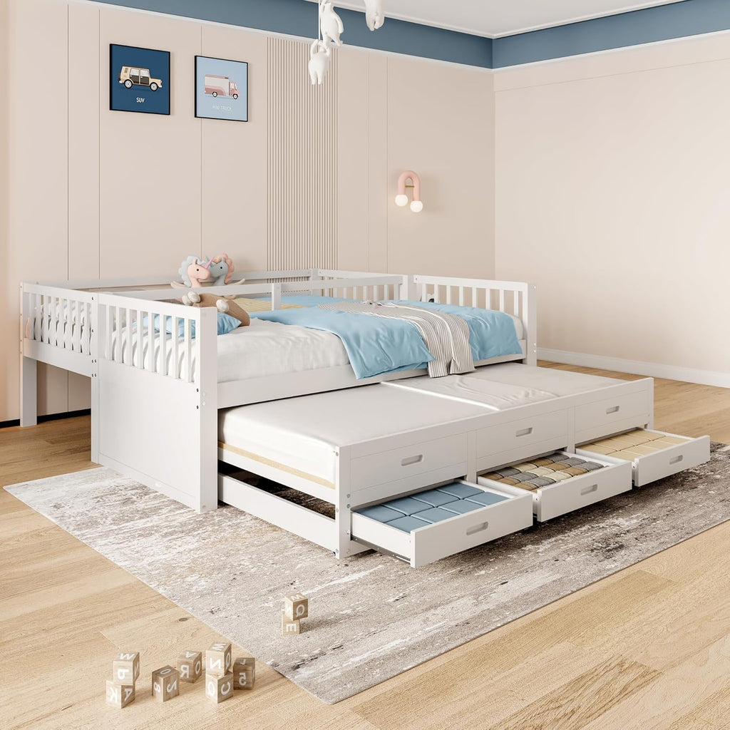 Etagenbett Kinderbett 90x200 cm mit Stauraum, Hochbett mit Leiter und Rollbett, Jugendbett Bettgestell mit 3 Schubladen, Holzbett Bett mit Rausfallschutz und Lattenrost, Ohne Matratze (Weiß)