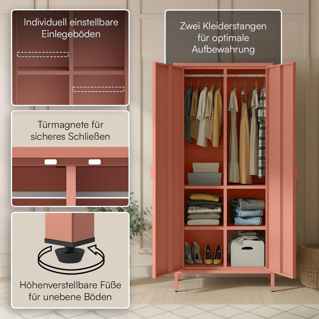 skølm Ituri Metallschrank Terrakotta – Kleiderschrank mit 6 Fächern & 2 Kleiderstangen – Garderobenschrank Flur 80 cm breit – Schlafzimmerschrank Industrial Style – Stahlschrank für Wohnzimmer & Büro