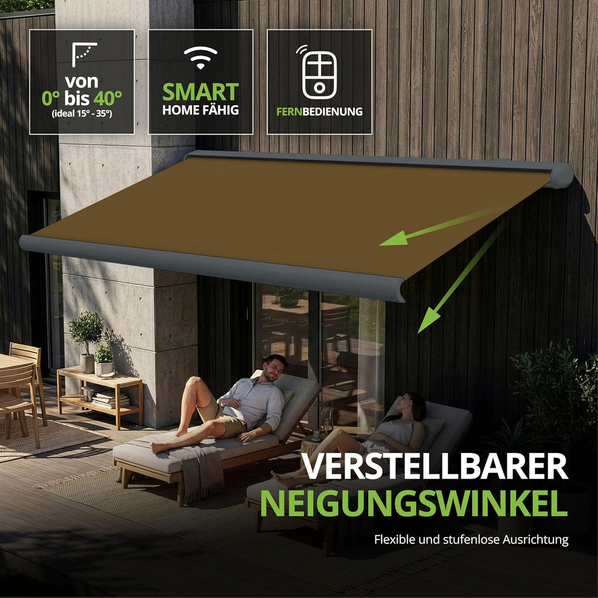 Eclipse Vollkassettenmarkise elektrisch 5,6x3,5 m basaltgraues Gehäuse Markise Balkon Terrassenüberdachung Gelenkarm Polyacryltuch UV-Schutz 50+ Smarthome-fähiger Dooya Motor, Markisentuch: Grau-Weiß