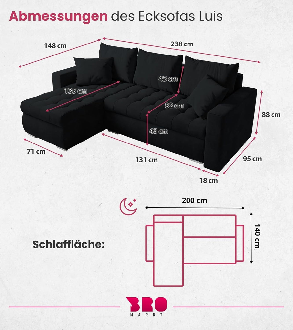 BROMARKT Sofa mit Schlaffunktion Ecksofa L-Form Schlafsofa Couch Bettkasten Wohnzimmer Möbel LUIS Couch 3 Sitzer Bett mit Bezugbehalter 238x150x72 Graphite
