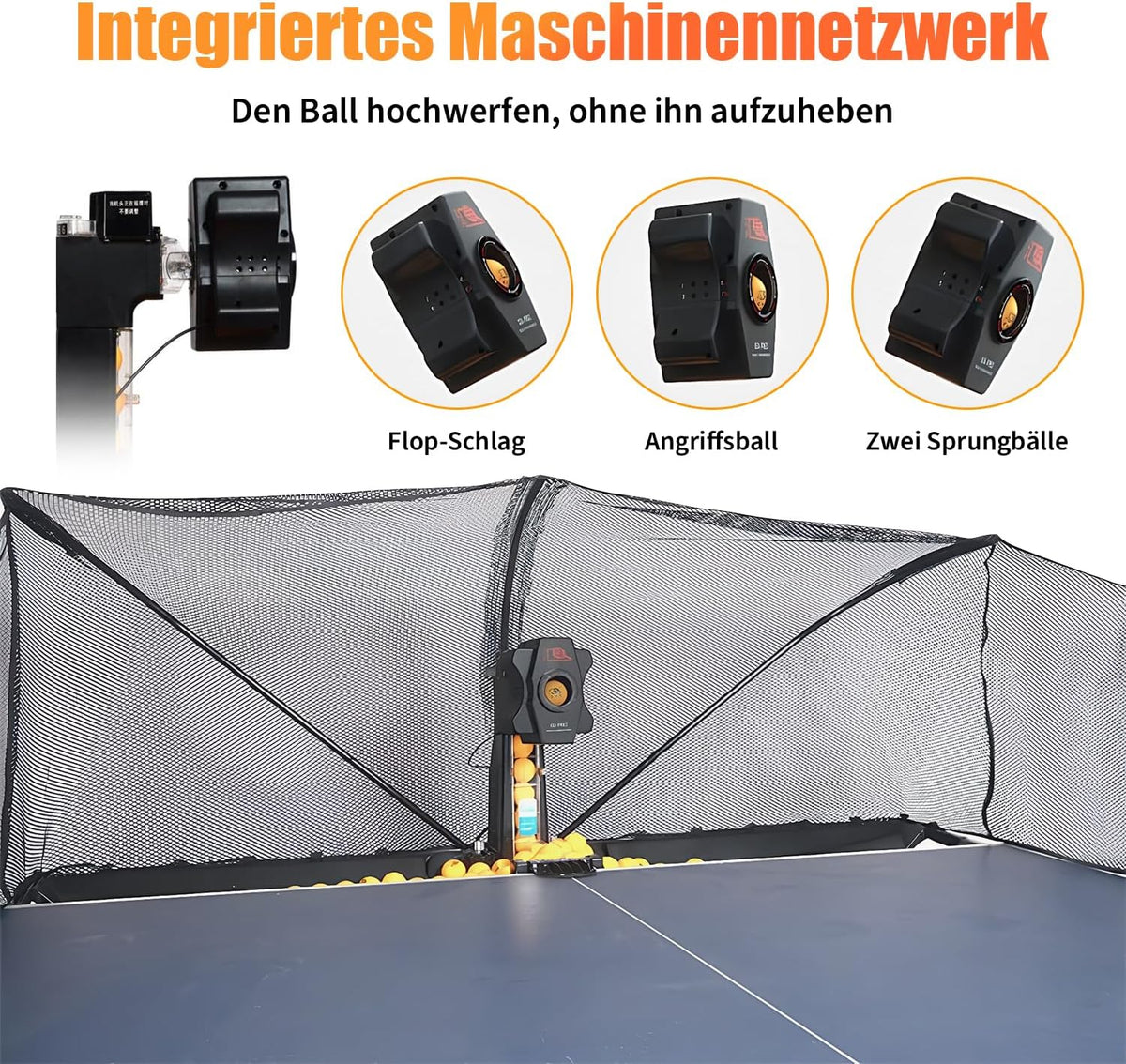 Tischtennis Roboter, Tischtennis Roboter Ballmaschine mit Netz und neun verschiedenen rotierenden Bällen, für das persönliche Training, kein manuelles Ballaufsammeln erforderlich