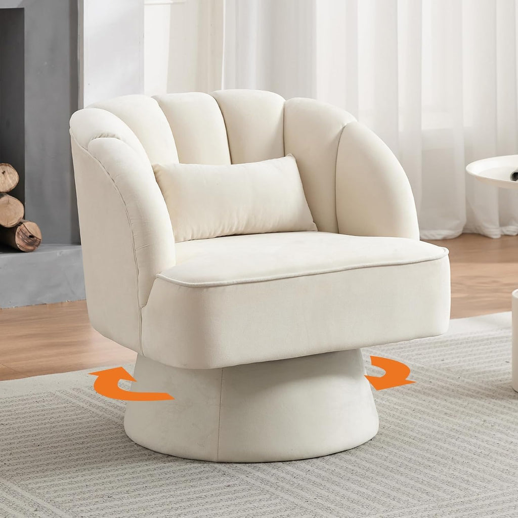Moderner Drehsessel, 360 Grad Samt gepolsterter Sessel mit gestreifter Rückenlehne & Plüschpolsterung, bequemer runder Sessel für Wohnzimmer, Schlafzimmer, Leseecke, Beige