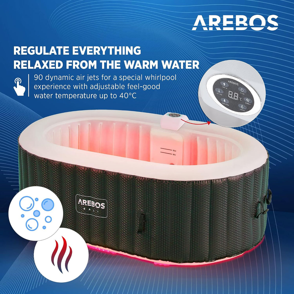 Arebos Whirlpool mit LED Beleuchtung | Aufblasbar | In- & Outdoor | 190x120 cm oval | 2 Personen | 90 Massagedüsen | mit Heizung | 550 Liter | Inkl. Abdeckung | Bubble Spa & Wellness Massage