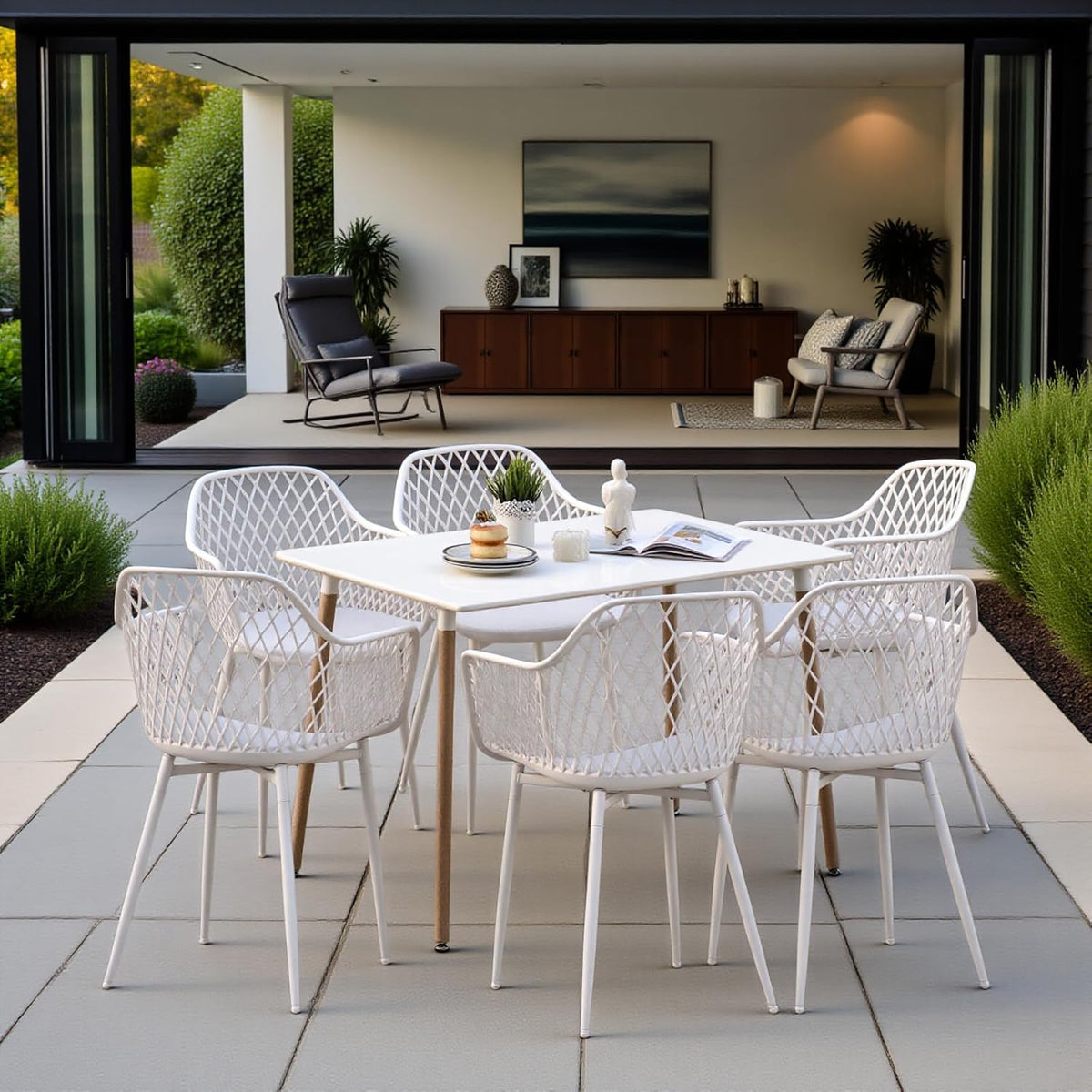 Gartenstuhl 6er Set, Outdoor Stuhl mit Armlehne, Armlehnensessel Loungesessel Lehnstühle, Gartenstühle 120 kg belastbar, Weiß