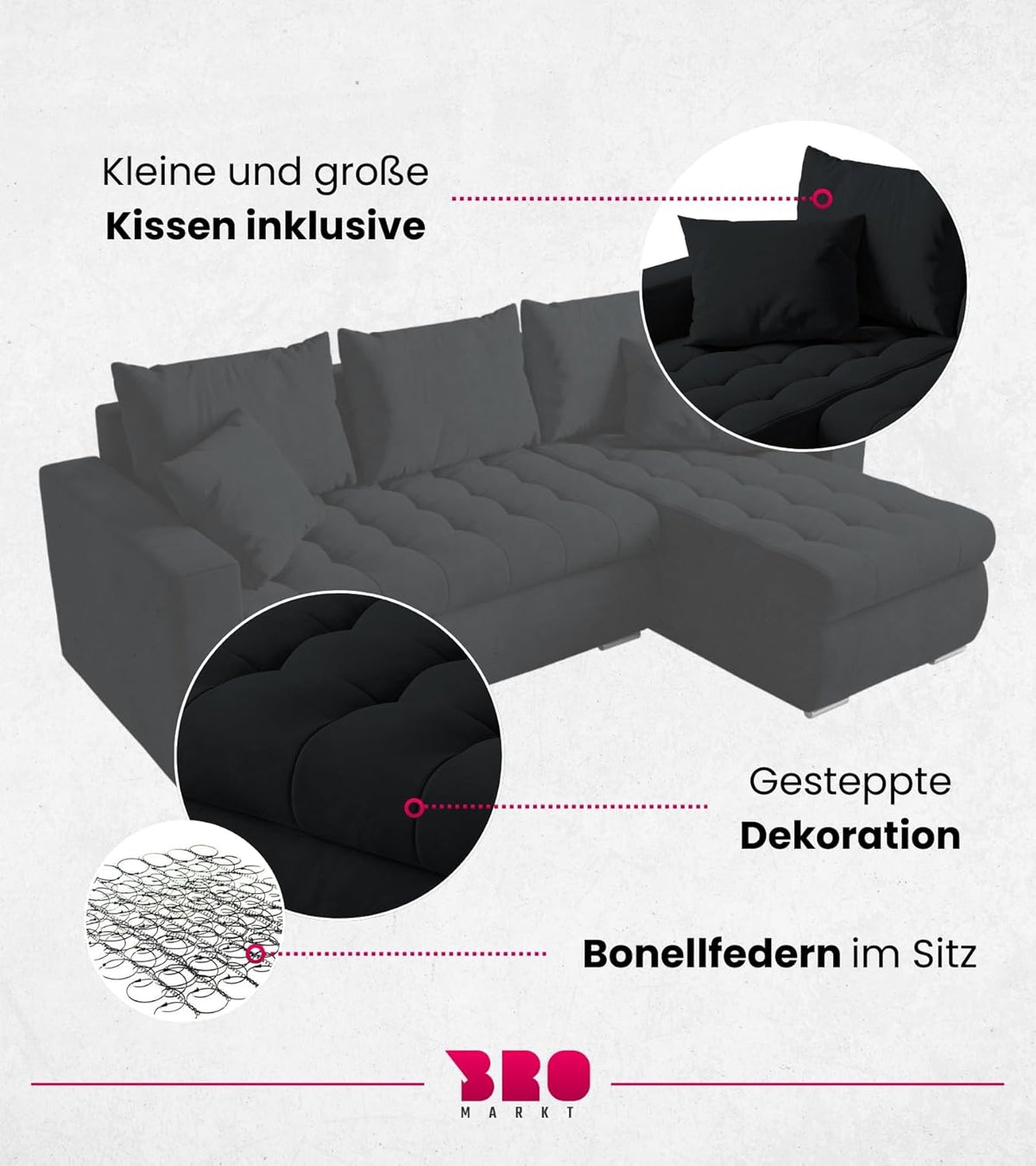 BROMARKT Sofa mit Schlaffunktion Ecksofa L-Form Schlafsofa Couch Bettkasten Wohnzimmer Möbel LUIS Couch 3 Sitzer Bett mit Bezugbehalter 238x150x72 Graphite