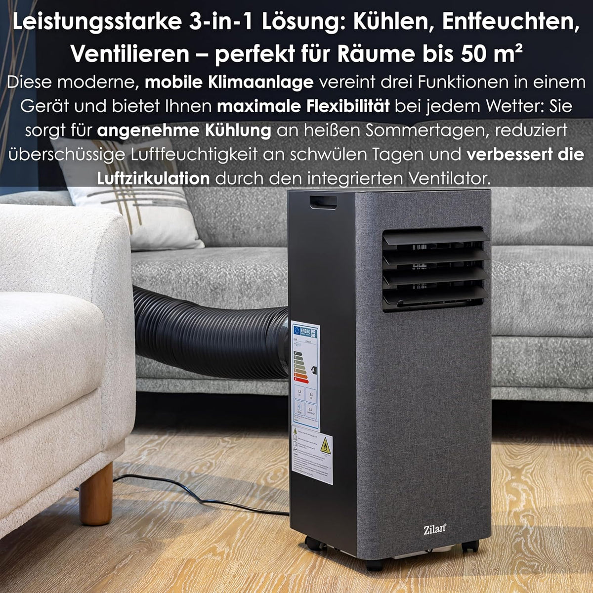 Zilan Mobile Klimaanlage 9000 BTU mit WLAN & Abluftschlauch, 3-in-1 Mobiles Klimagerät – Kühlen, Entfeuchten & Ventilator, leise, inkl. Fensterabdichtung & Fernbedienung, Timer, Wifi App-Steuerung
