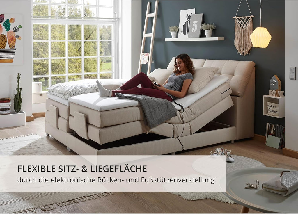 CARPINO Boxspringbett 180x200 elektrisch verstellbar, Creme - Bequemes Doppelbett mit dekorativer Steppung & Komfortschaum Topper - 180 x 110 x 234 cm (B/H/T)