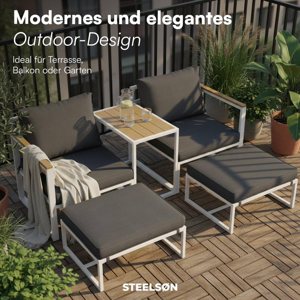 STEELSØN Gartenmöbel Set 5-TLG Asteri, Gartenlounge für 2-4 Personen, Balkonmöbel Set wetterfest inkl. 2 Sessel, 2 Hocker und 1 Tisch, Terrassenmöbel aus Metall mit Kissen Weiß